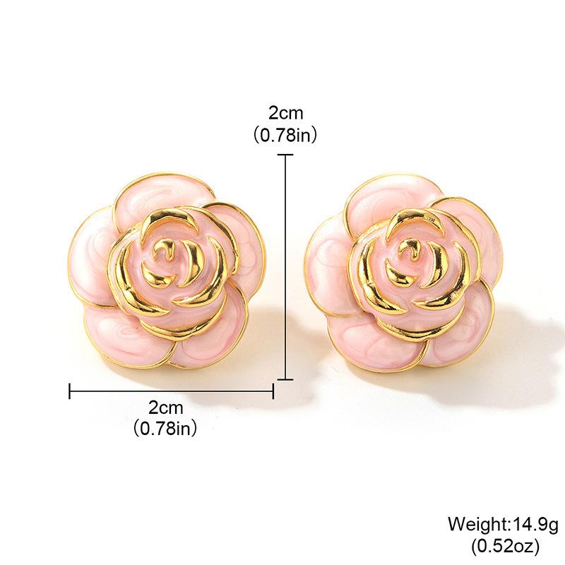 Korean version of Xiaoxiangfeng camellia drop oil enamel design earrings Mori rose silver needle earrings versatile jewelry women