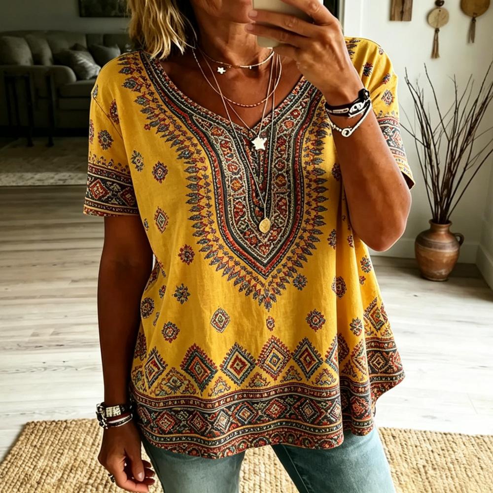 Women Boho Paisley Print Blouse V‑Neck Short Sleeve Ethnic Retro Loose Plus Size Casual Summer Tunic Top