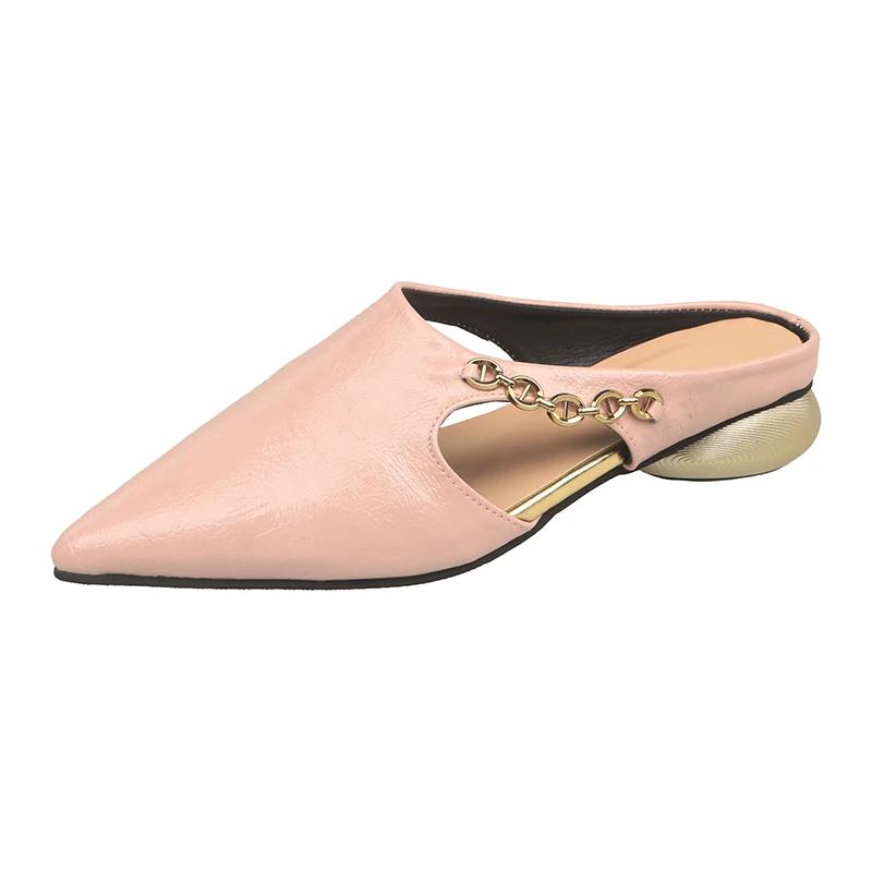 Fashion 2025New Hollow-out Baotou Semi-slippers Summer New Metal Chain Pointed Toe Shallow Mouth Thick Heel Wear Lazy Drag