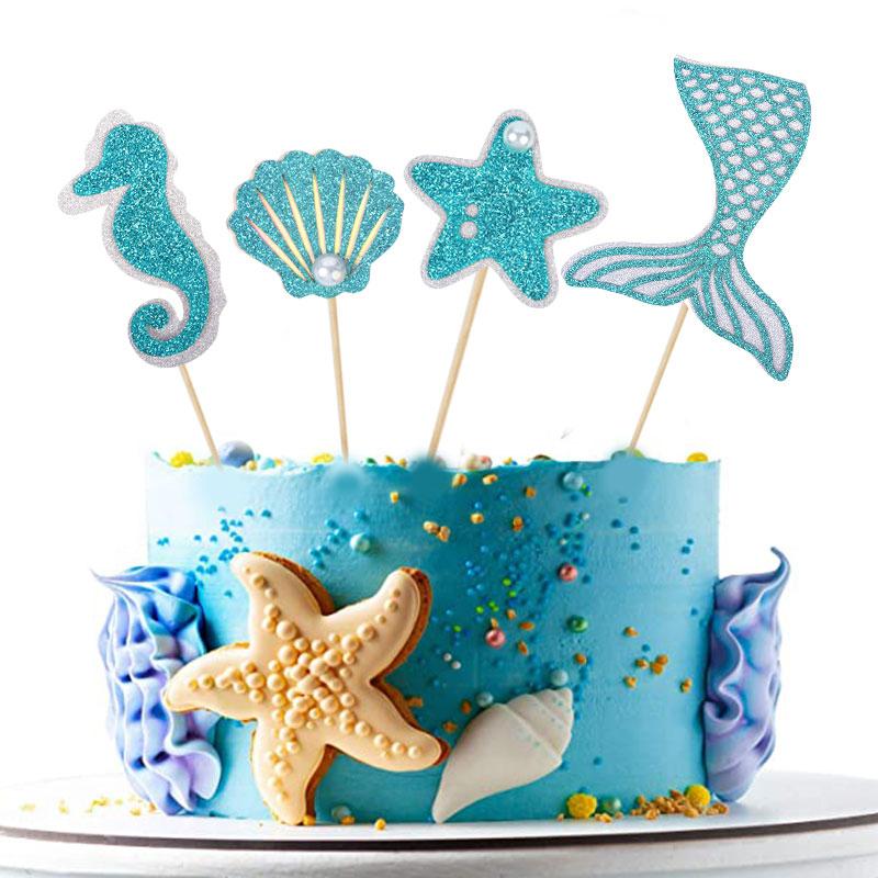 Glitter Mermaid Cake Topper Mermaid Tail Shell Happy Birthday Cupcake Topper For Birthday Dessert Cake Decoration Under the Sea