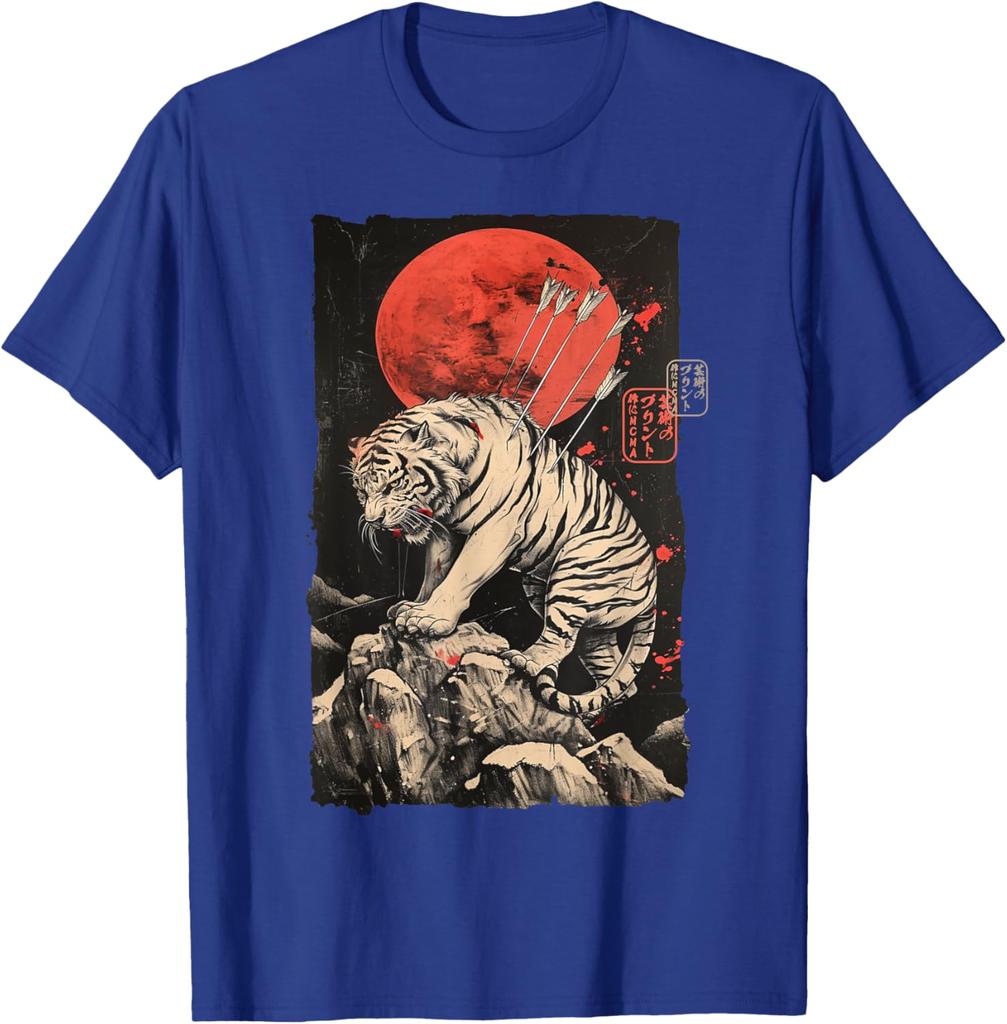 Wounded Tiger with Arrows Japanese Art Graphic Tee Mens Casual Round Neck TShirt Breathable Print