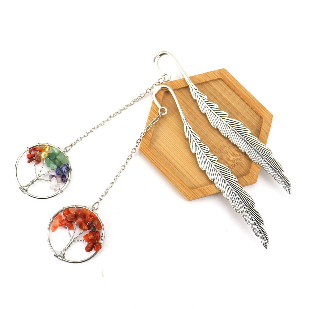Vintage Tree of Life Bookmark - Handmade with Natural Crystal Chips & Antique Metal Feather