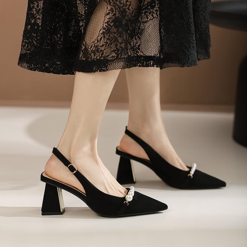 

Shoes Female 2025 High Quality One-word Buckle Women s Pumps Pointed Toe Solid Flock Beads Shallow Mouth Elegant High Heels 35 чёрный