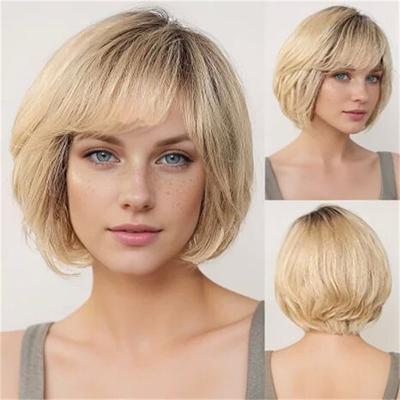 Synthetic Short Blonde Wigs for Women Straight Hair Wig Oblique Fringe Lady Wig Cosplay Halloween Costume Daily Use Wig