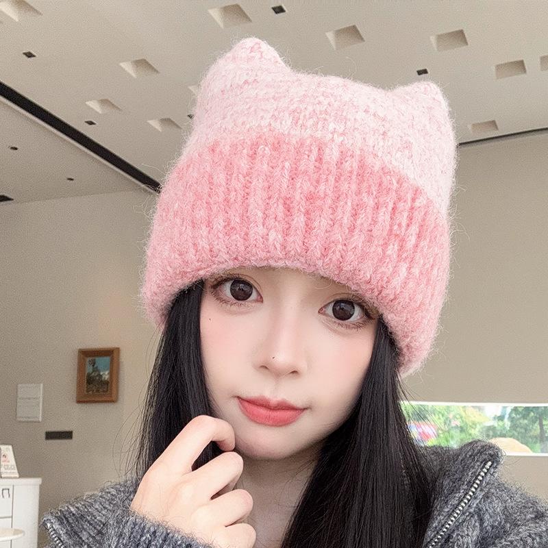 

Милые вязаные шапки с кошачьими ушками, повязки для большой головы, теплые шерстяные шапки, подчеркивающие лицо, маленькие шапки-пуловеры и тренд на холодные шапки осенью и зимой M（56-58cm）