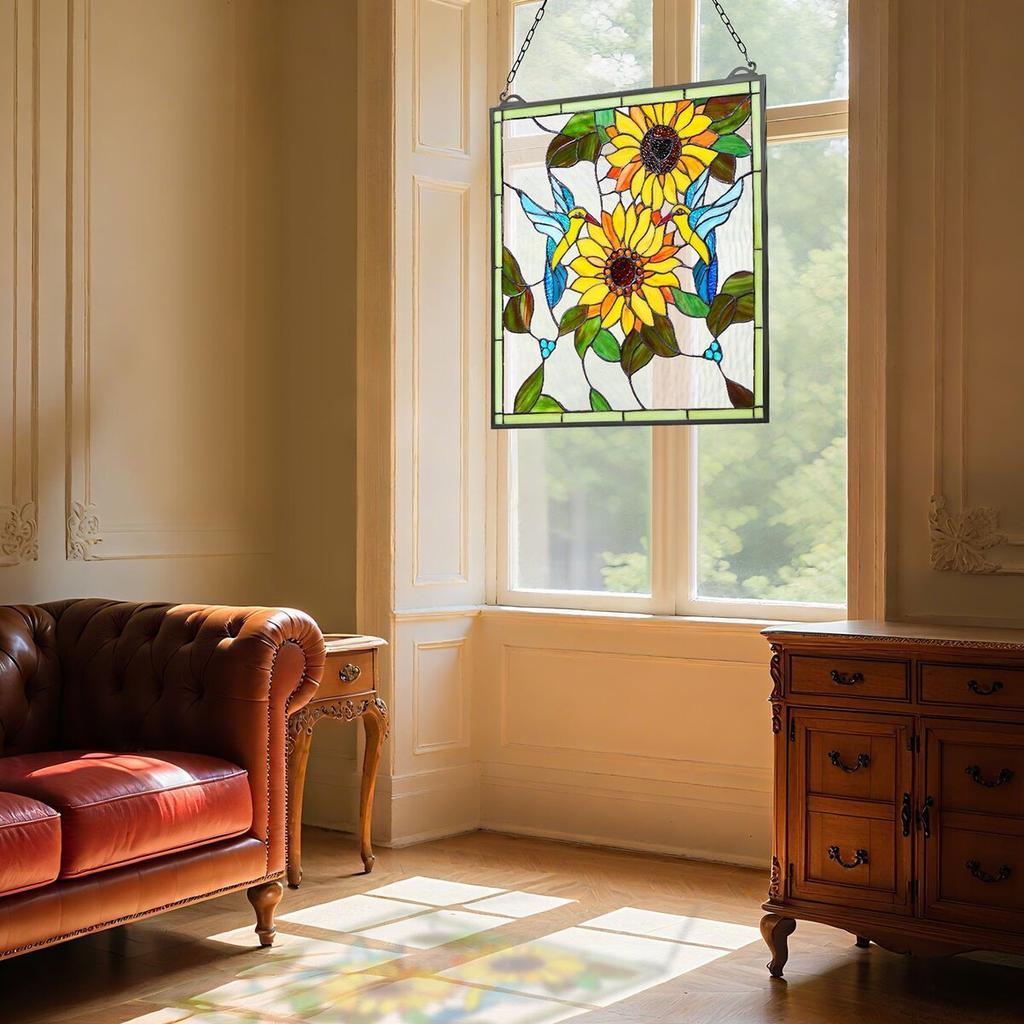 Stained Glass Window Panel, 502 X 520 Mm, Tiffany Style Hanging Transom Window Panel with Chain, Large Vertical Rectangle Stain Glass, Vintage