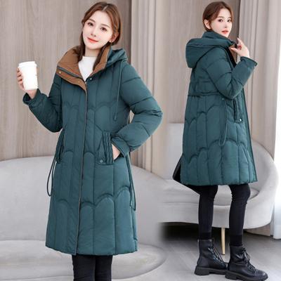 Lady Winter Down Coat Thickened Padded Hooded Pockets Zipper Closure Knee Length Windproof Heat Retention Daily Cold Weather Outwear Cotton Jacket