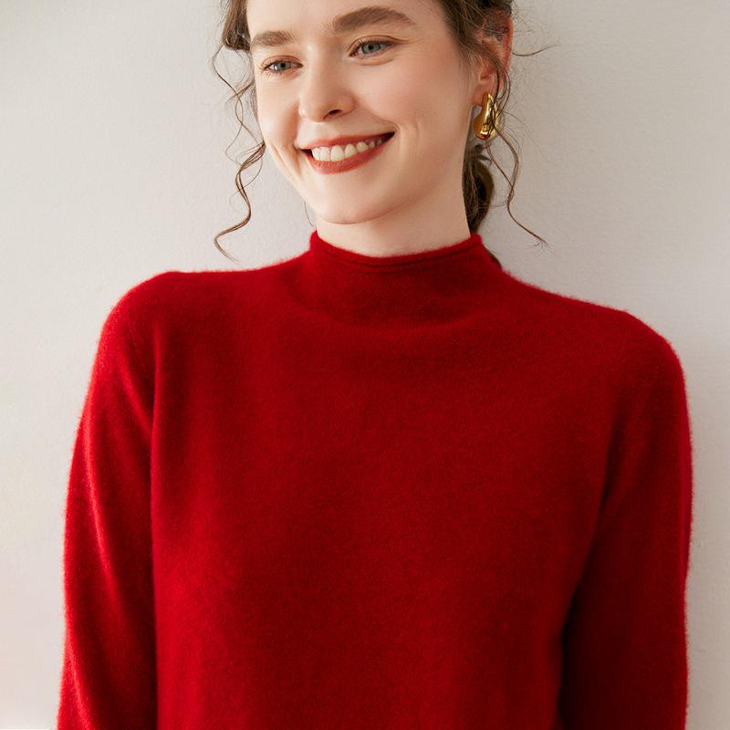 Women's Cashmere Half-High Neck Pullover Sweater - Solid Color, Loose Fit, Autumn/Winter Casual Knit Top