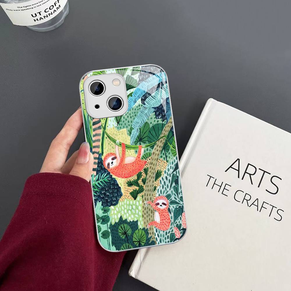 Jungle Art Illustration Snake Cats Sloth Tempered Glass For Iphone 14 13 12 11 Pro Mini XS MAX 14Plus X XS XR Fundas