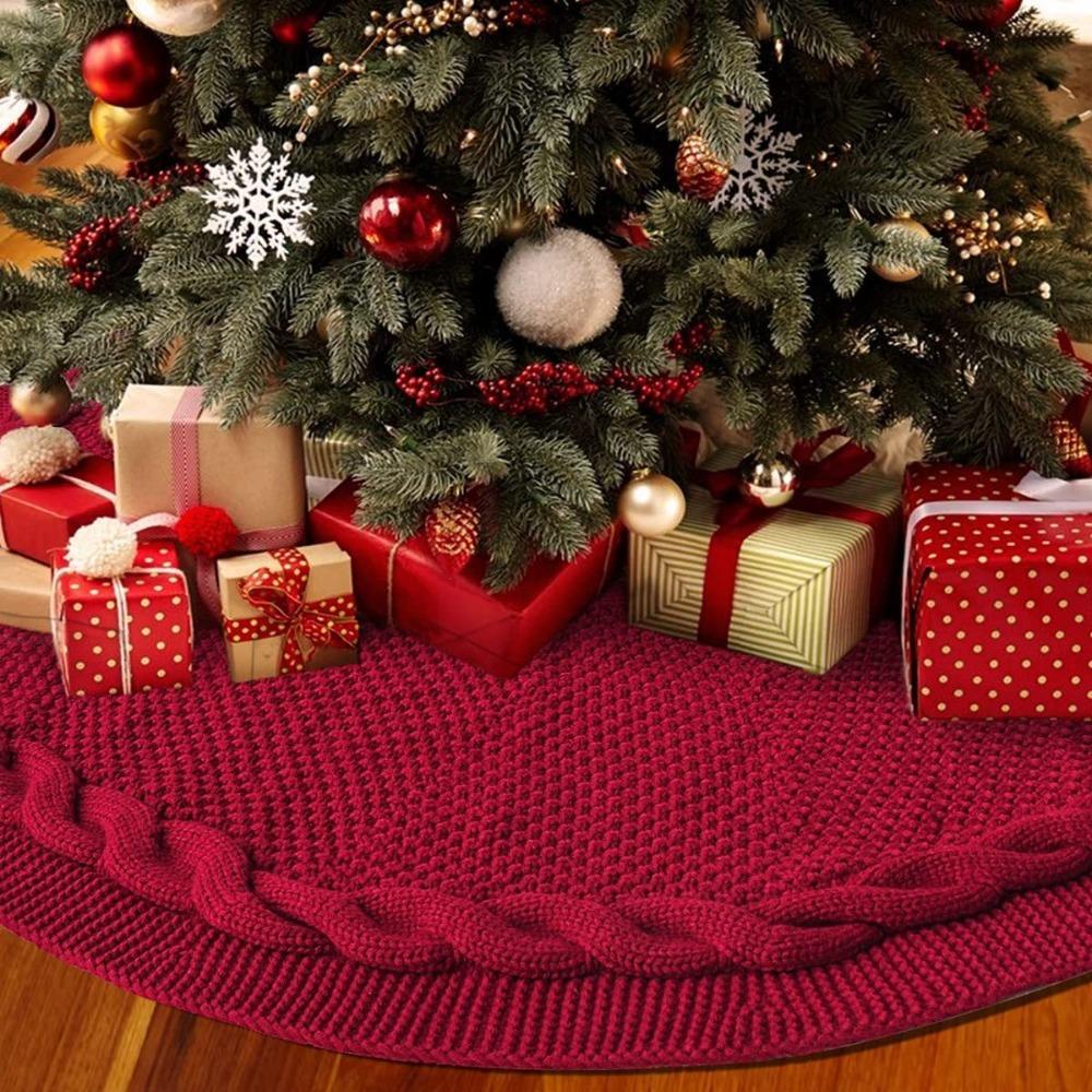 Cable Knitted Christmas Tree Skirt Round Thicken Rustic Xmas Tree Base Cover Home Decorations Red Cream Christmas Tree Decor