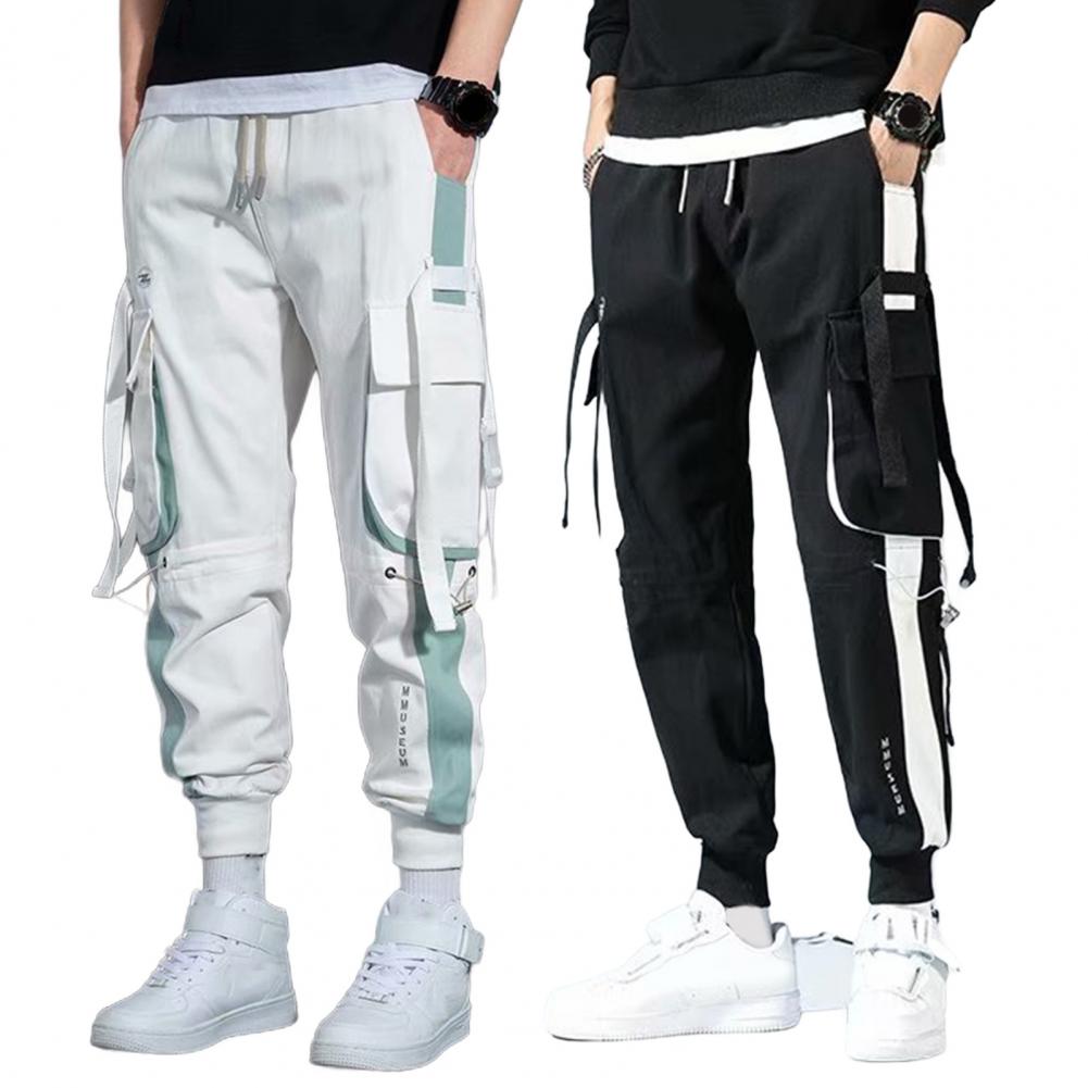 Men Cargo Pants Strap Decor Multi Pockets Loose Elastic Waist Ankle-banded Color Matching Hip Hop Streetwear Work Outdoor Trouse