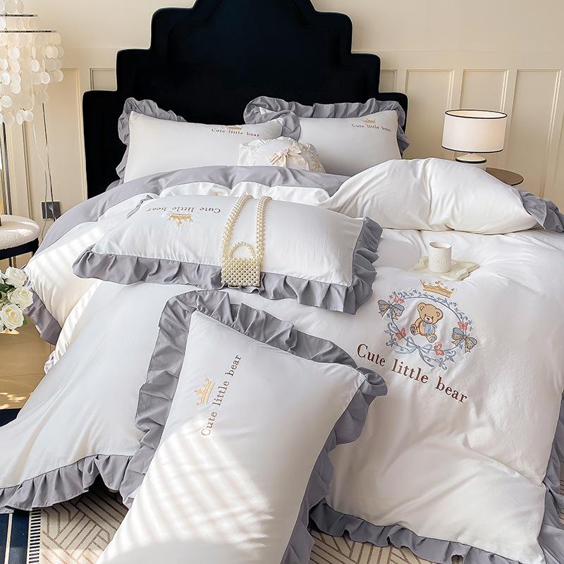 Small Fresh Washed Knitted Pure Cotton Embroidered Four-piece Bedding Set Quilt Cover Bed Sheet Bed Skirt