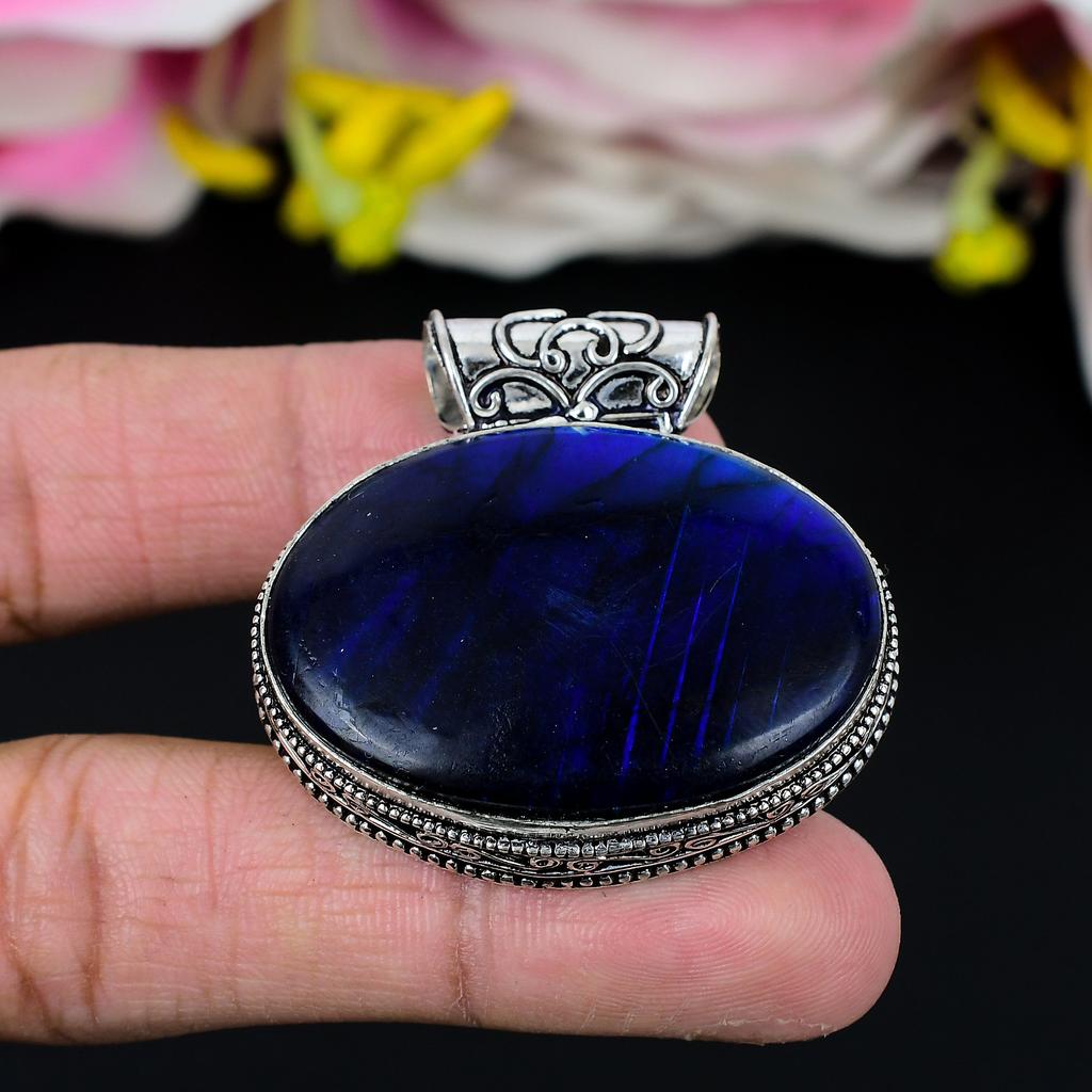 Blue Labradorite Gemstone 925 Sterling Silver Jewelry Pendant 1.69" KG-263