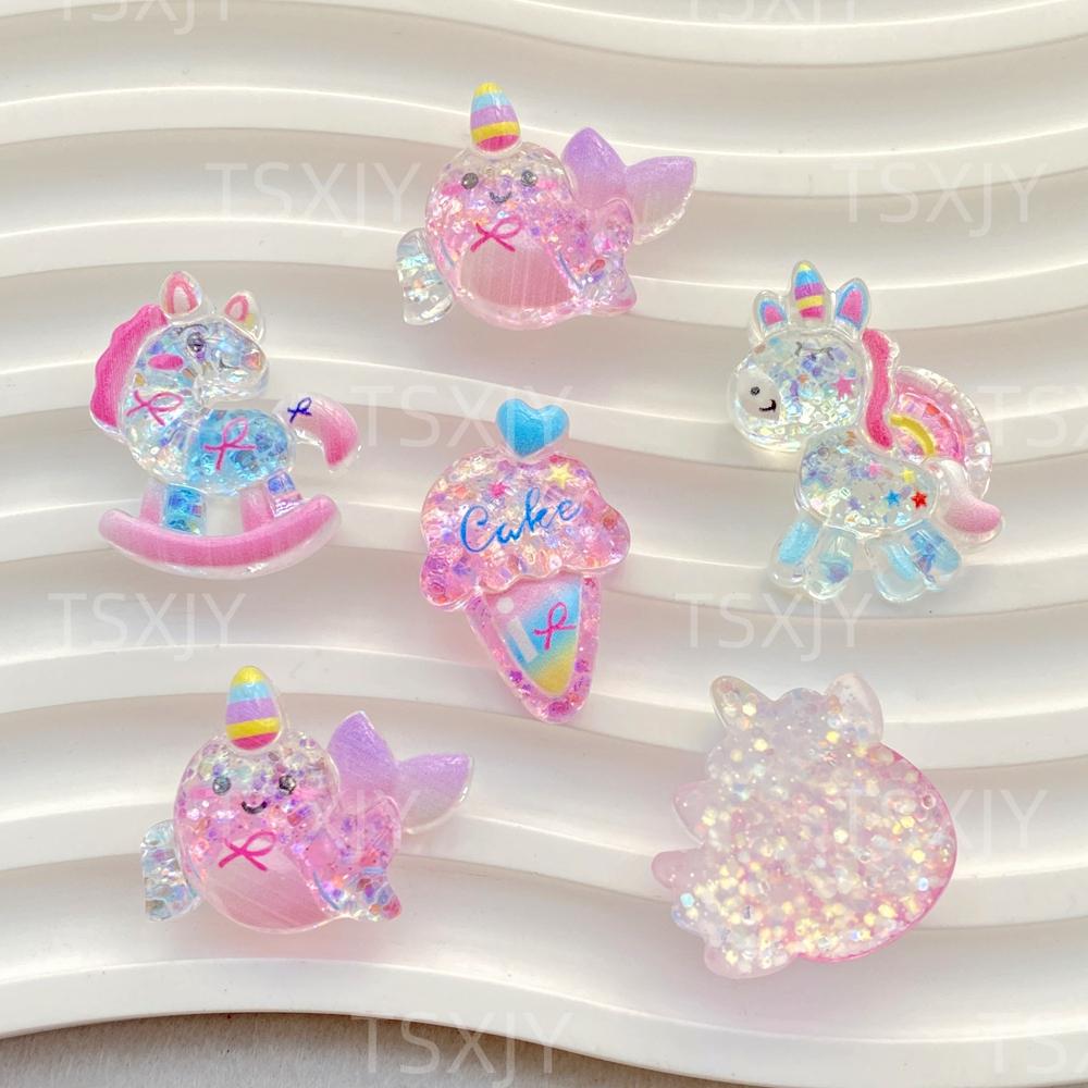 10PCS New Cartoon Colored Unicorn Horse, Ice Cream Flat Back Cabochon Stone Scrapbook DIY Decor Figurines Crafts Accessories