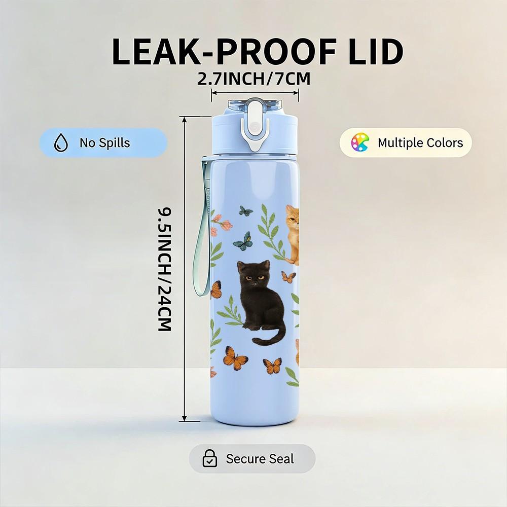 1PC Mixed Breed Cats Floral Grid 750ml Color Plastic Sports Water Bottle Leakproof Flip Straw Lid For Sports Office Home Use