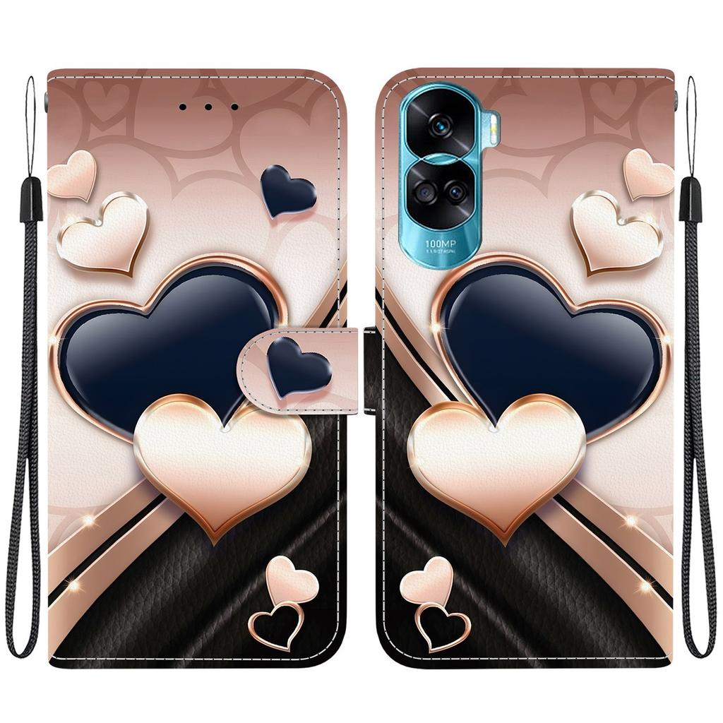 Handgefertigte PU-Leder-Flip-Hülle für Honor 90 Lite (CRT-NX1) Rutschfeste Stoßfeste Hülle mit Handschlaufe & Herz/Rose Katze Designs
