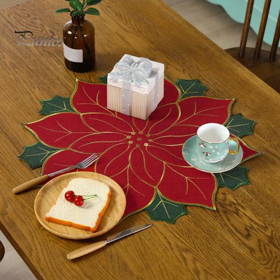 Christmas Table Placemats for Dining Floral Leaf Placemat Table, Decorative Polyester Fabric Round Mats Home with Festive Leaves Design Party