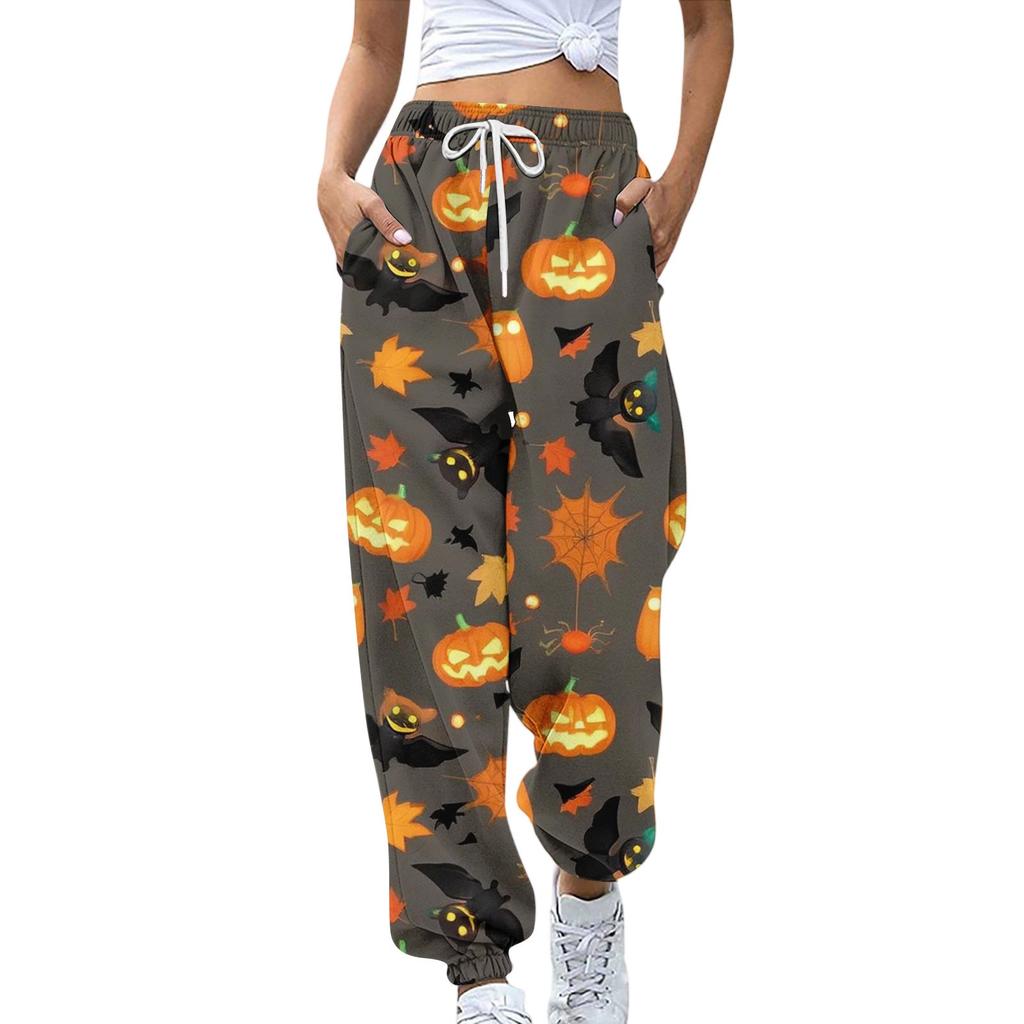 Damsportbyxor med fickor Mode Halloweentryck Elastisk midja Byxor Casual Sweatpants Byxor
