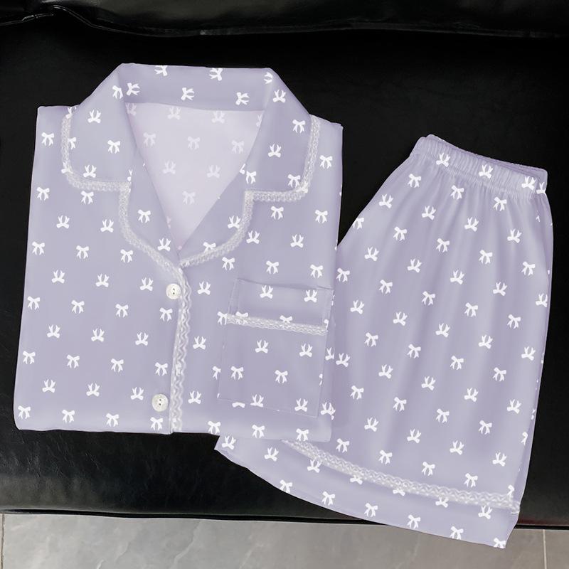 French Ice Silk Pajamas Women'S Summer Printing Loose Short-Sleeved Cardigan Loungewear Two-Piece Set Can Be Worn Outside