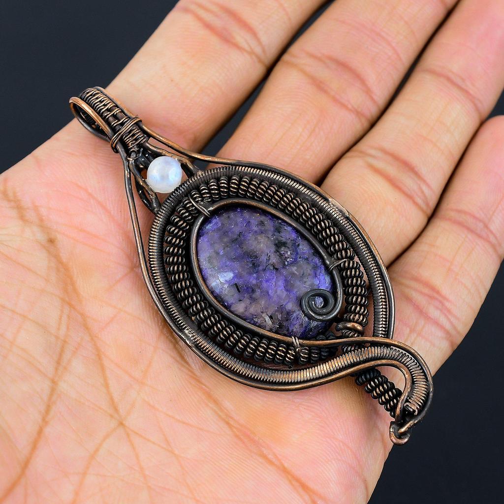 Russian Charoite, Moonstone Gemstone Pure Copper Wire Wrapped Designer Handmade Pendant Jewelry For Gift