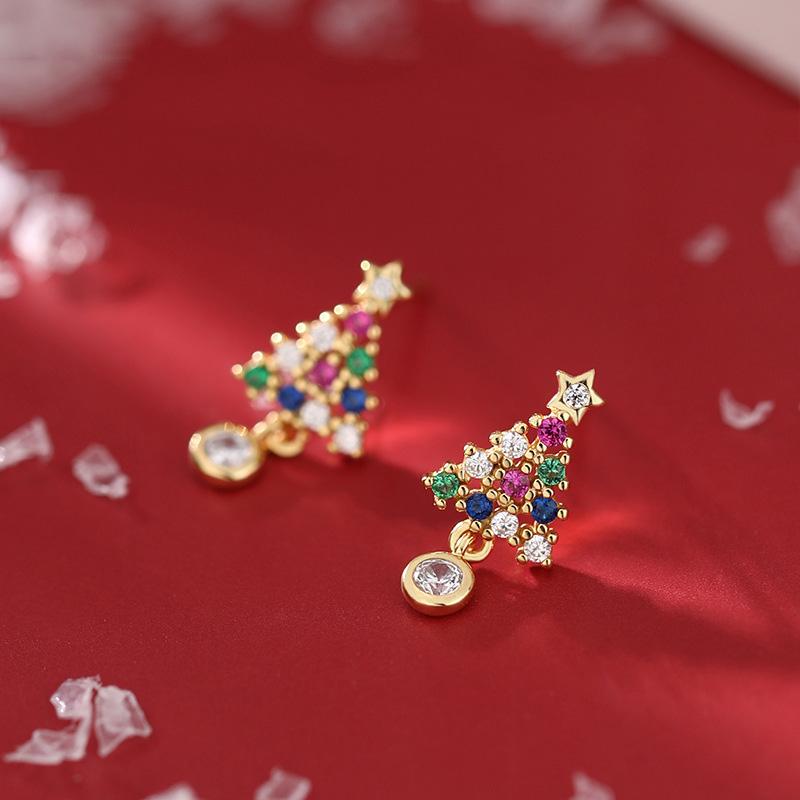 Korean Zircon Snowflake Christmas Tree Stud Earrings For Women Shiny Crystal Elk Delicate Earring Christmas New Year Jewelry