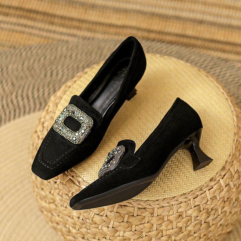 Square head high heels thin heels 2025 new autumn and winter British style women's shoes rhinestone square buckle retro French single shoes