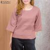 ZANZEA Damen Freizeit Rundhals Locker 3/4 Ärmel Baumwollbluse