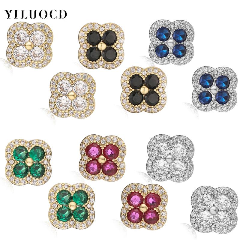 18K Golden Plated Inlaid CZ Stone Flower Shape Stud Earrings Sparkling Multi-colour 4-Leaf Flower Earrings Romantic Jewelry