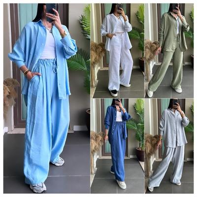 Conjunto Transfronterizo para Mujer Cárdigan Color Sólido Bolsillo Manga Larga Camisa Pantalones de Cintura Elástica Sueltos Conjunto de Dos Piezas para Mujer S