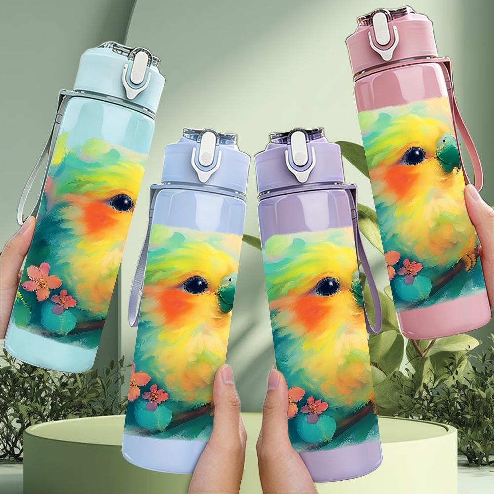 1PC Parrot Tropical Feather Splash 750ml Color Plastic Sports Water Bottle Leakproof Flip Straw Lid Suitable for Sports Office Home Use