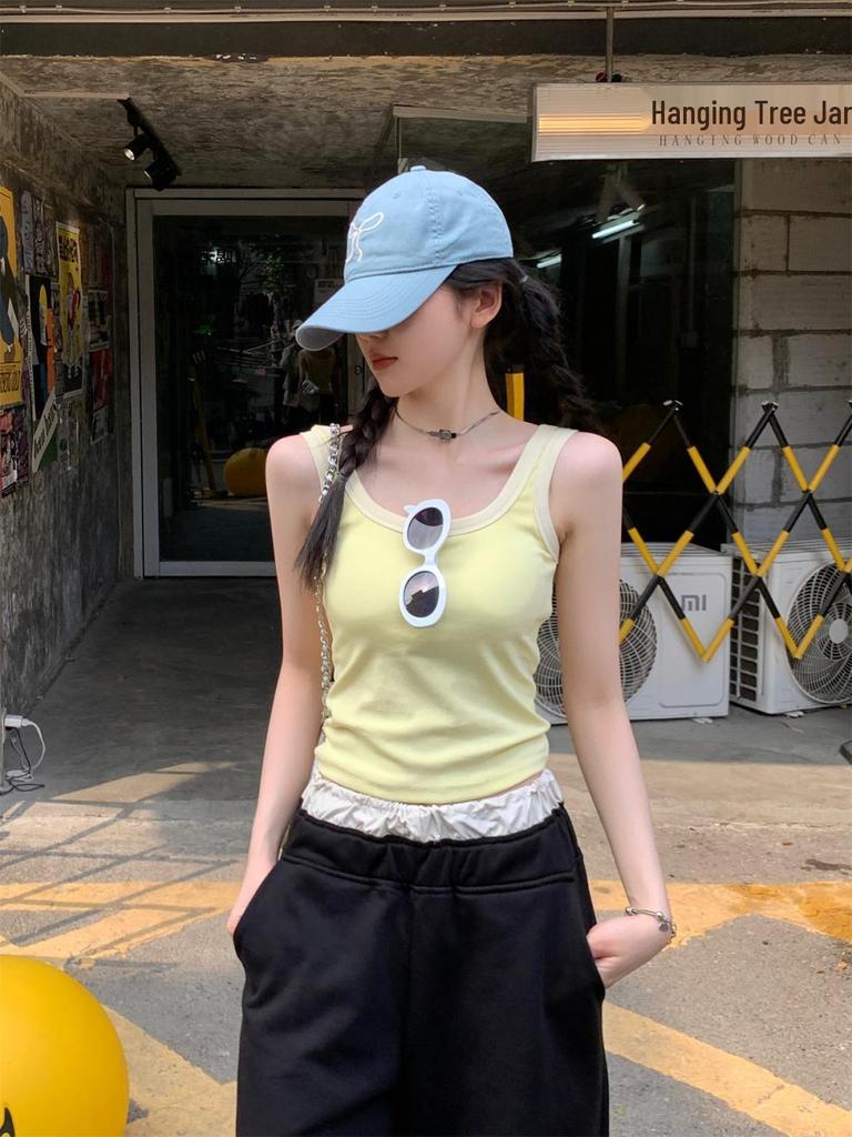 Summer Korean Slim-fit Square Neck Color-Contrast Vest with Chest Pads for Women