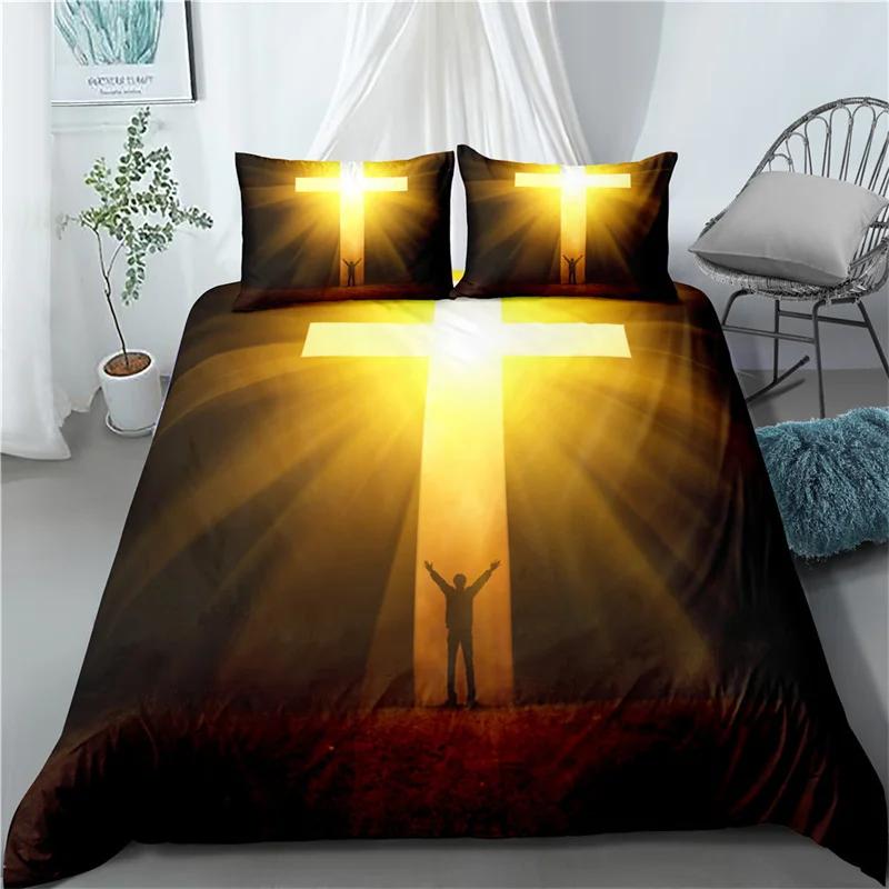 Set Copripiumino 3D Gesù Set Biancheria da Letto in Poliestere Cristiano Sacro Gesù Copripiumino a Croce Adatto per Cristiano Gesù Re