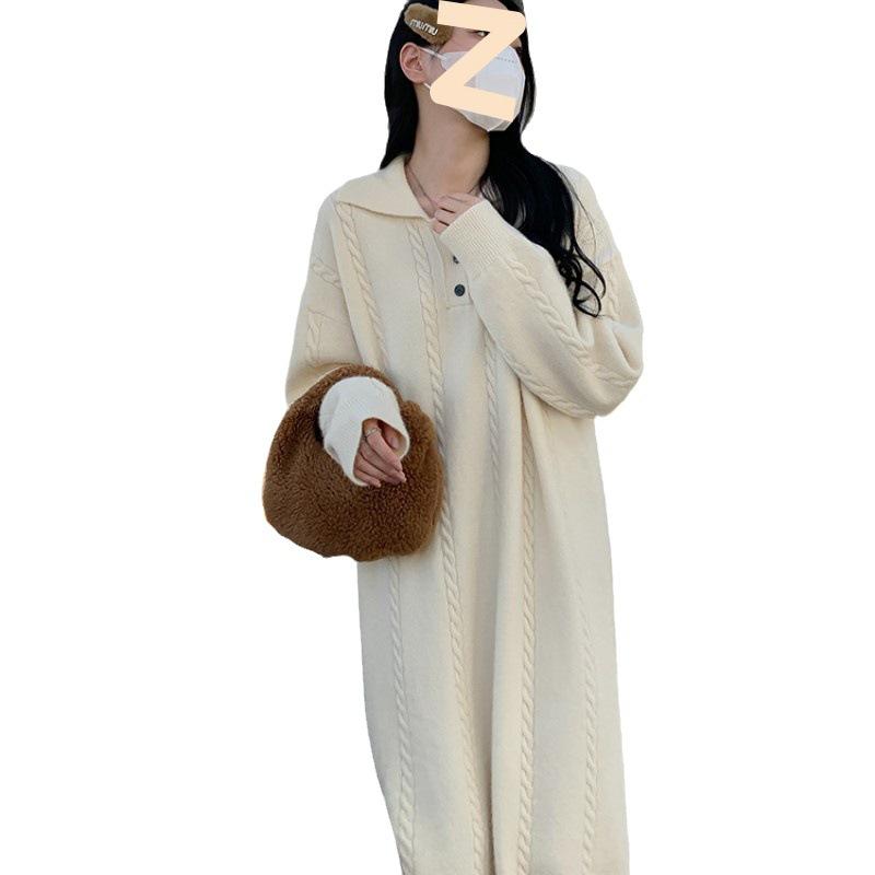 Women's Lapper Sweater Dress Midi Loose Thickened Over-the-Knee Sweater Dress