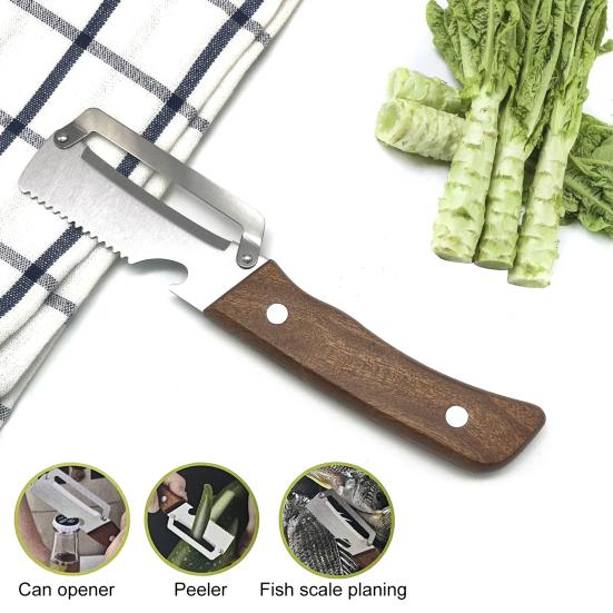 Vegetable Peeler with Wood Handle Stainless Steel Bottle Opener Fruit Potato Peeler for Ginger Herbs Ergonomic Rust-Proof Essential Kitchen Tool for