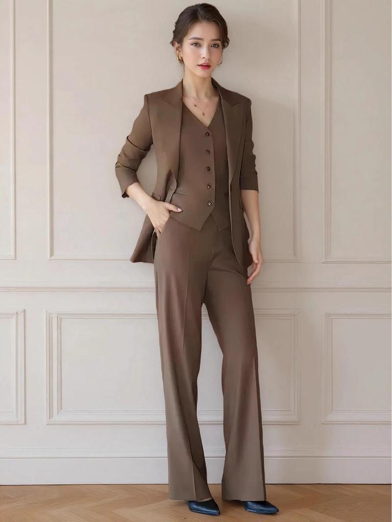 Women's Dark Brown Lyocell Blazer with Wide-Leg Pants Three-Piece Business Set