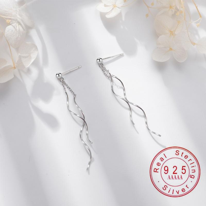 S925 Sterling Silver Twist Wave Linear Earrings, 925 Silver Long Dangle Earrings, Lightweight Party Jewelry for Girls