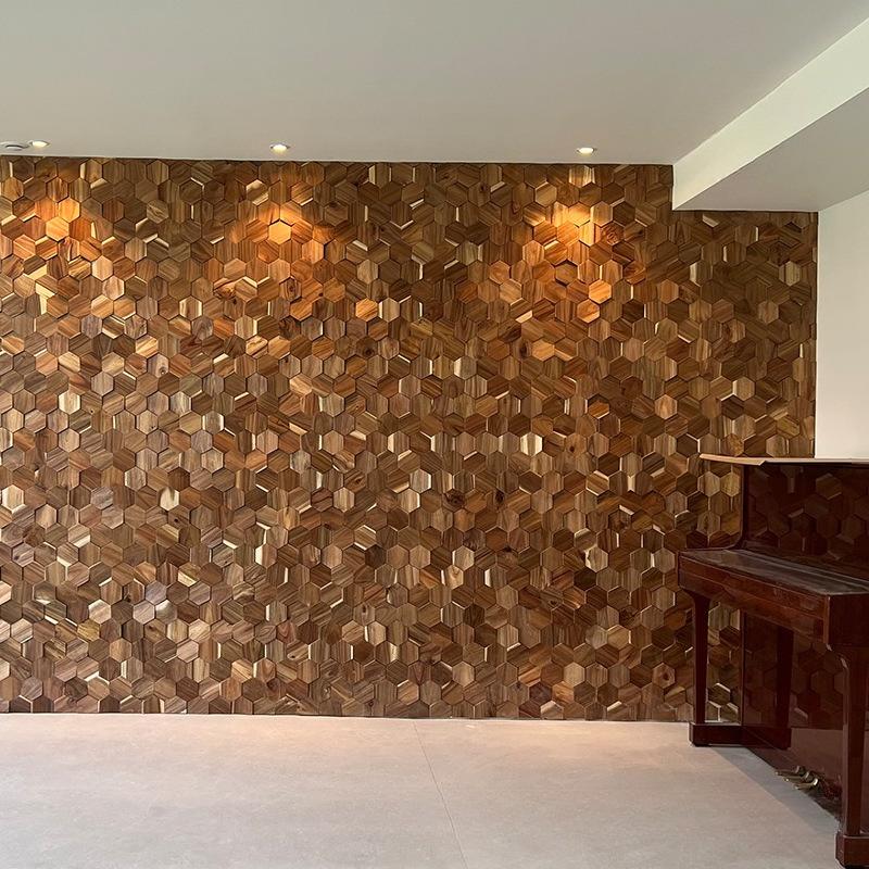 Creative Hexagonal Bevel Three-dimensional Mosaic Wooden Block Background Wall Decoration Bar Café Shop Wall Hanging Decoration
