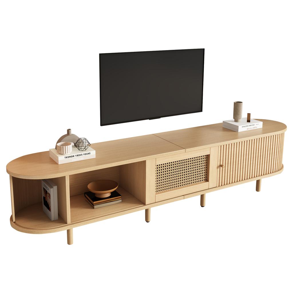 Nowoczesna Niska Szafka RTV z Okrągłym Designem i Drzwiami Rolowanymi, MDF, Szuflada, na Telewizory do 75 Cali, Salon i Jadalnia, 180x40x40cm, Kolor Drewna