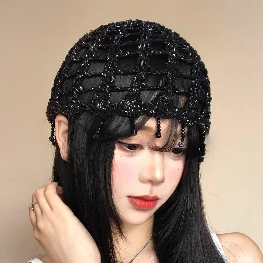Vintage Beaded Tassel Hollow Headgear Women'S Summer Breathable Face Small Fashionable Spice Girl Knitted Pullover Cold Hat