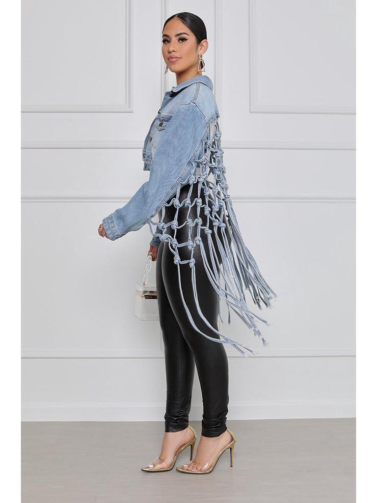 2024 Nová dámská džínová bunda se síťovinou a třásněmi