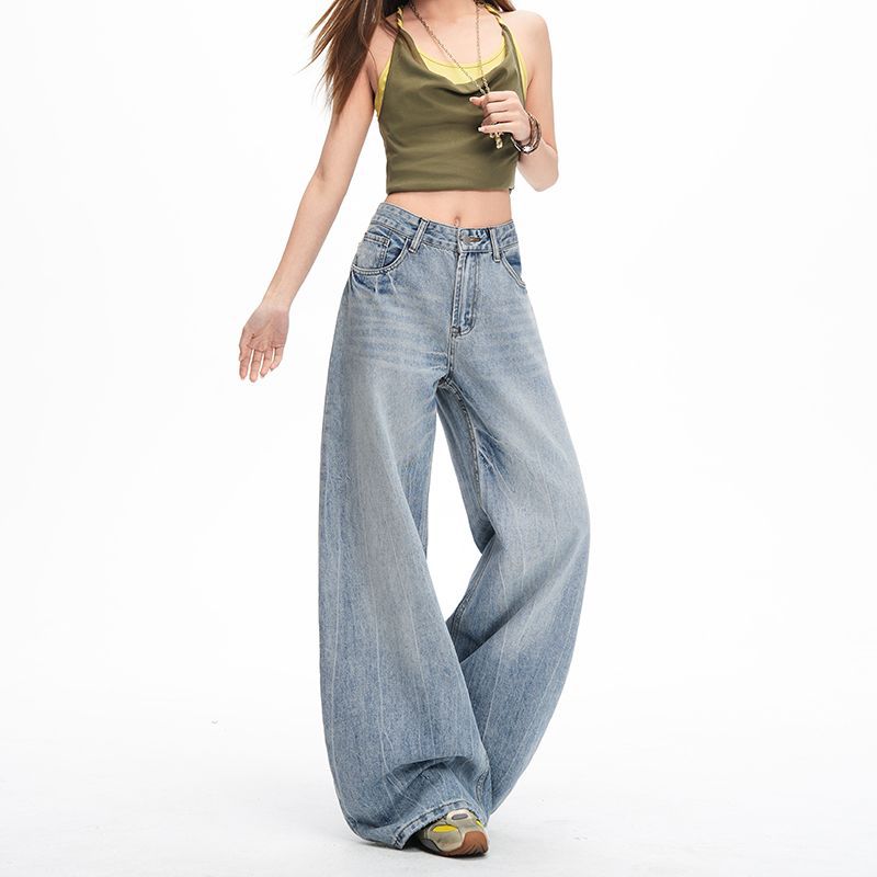 Spring Lazy Heavy Wash Non Stretch Low Waist Relax Wide Leg Saber Cut Denim Pants For Women Casual Pants Oversize Denim Trousers