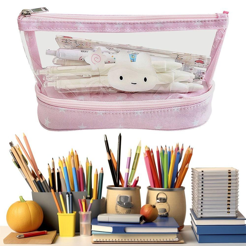 Pink Star Rabbit Pattern Pen Bag Double Layers Stationery Storing Bag Stationery Bag Students