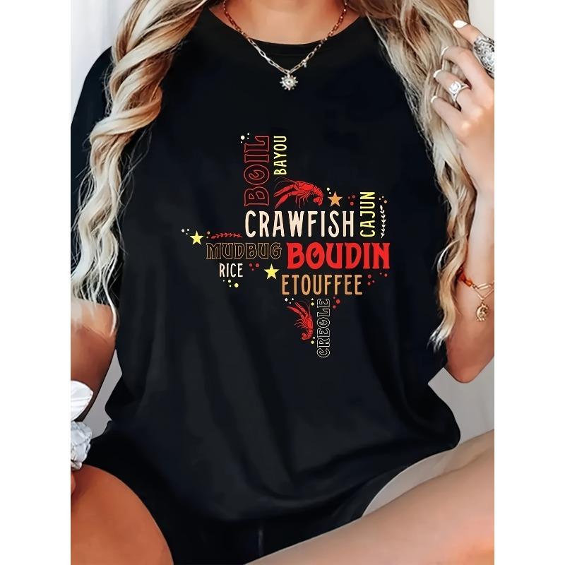 Европейский размер Футболка с графическим принтом «Вареные раки» - Дизайн «Каджунская варка» с раками, кукурузой и текстом на каджунском, с круглым вырезом, подходит для весны, лета, осени S