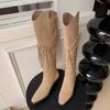 Mote Etniske kvinner Støvler Firkantet hæl Side Glidelås Cowboy Boots Retro Kne Støvler Ny mote Dusk Lange Botas Dame Sko