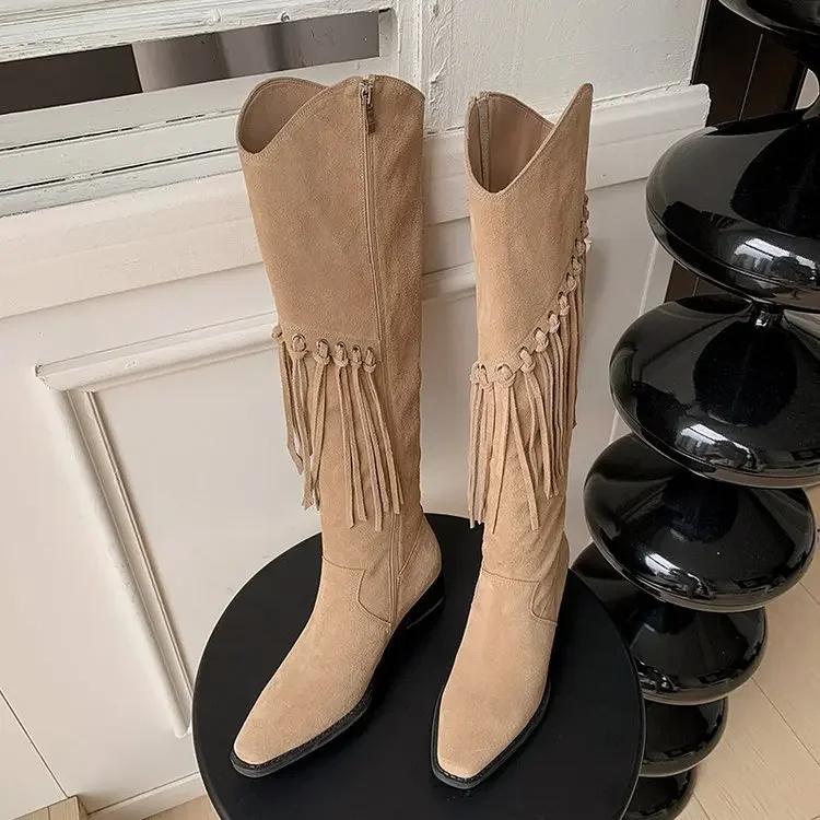 Mote Etniske kvinner Støvler Firkantet hæl Side Glidelås Cowboy Boots Retro Kne Støvler Ny mote Dusk Lange Botas Dame Sko
