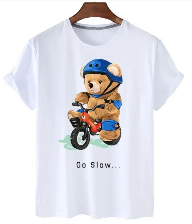 plus Size Trendy Teddy Bear Graphic Tee Casual Short-Sleeved T-Shirt Polyester Fabric Summer Top for Men