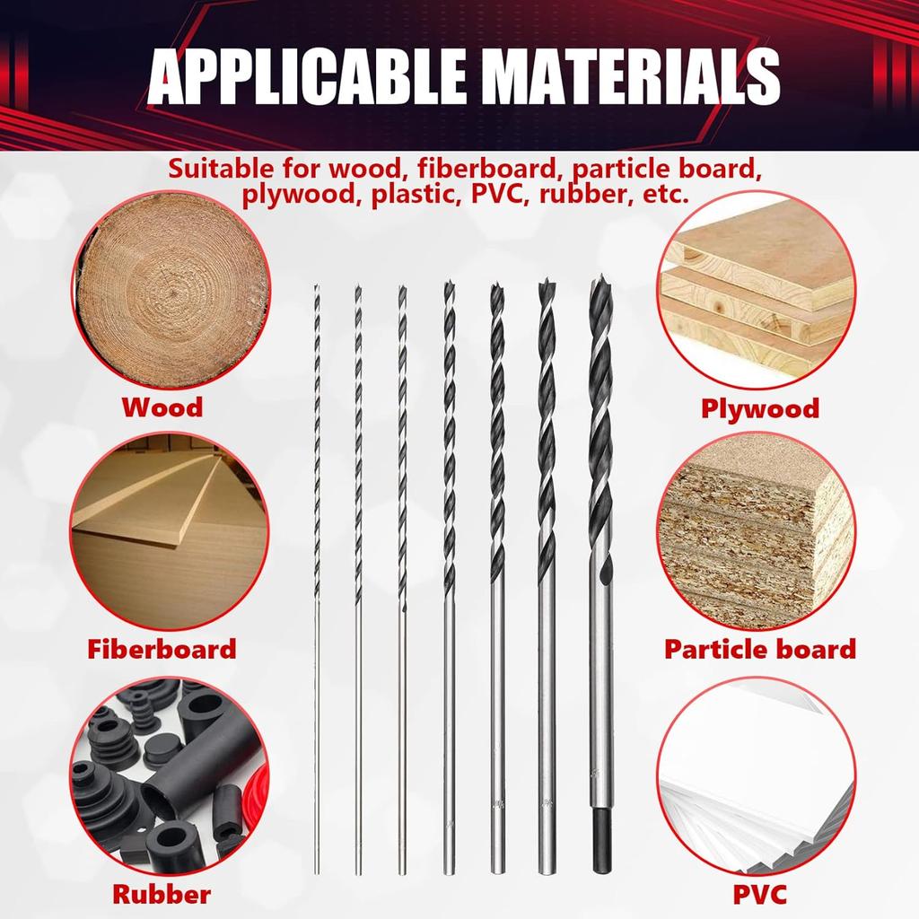 7 Pcs Extra Long Brad Point Drill Bit Set,12" 300mm Carbon Steel Wood Drill Bits Set,Fit for Bench Hand and Conventional Electric Drill