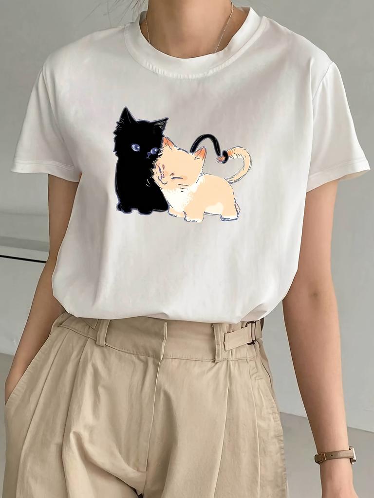 With Cute Cat Couple Pattern Round Neck Short Sleeve Top Suitable for Daily Wear and Vacation Harajuku Short Sleeve Casual