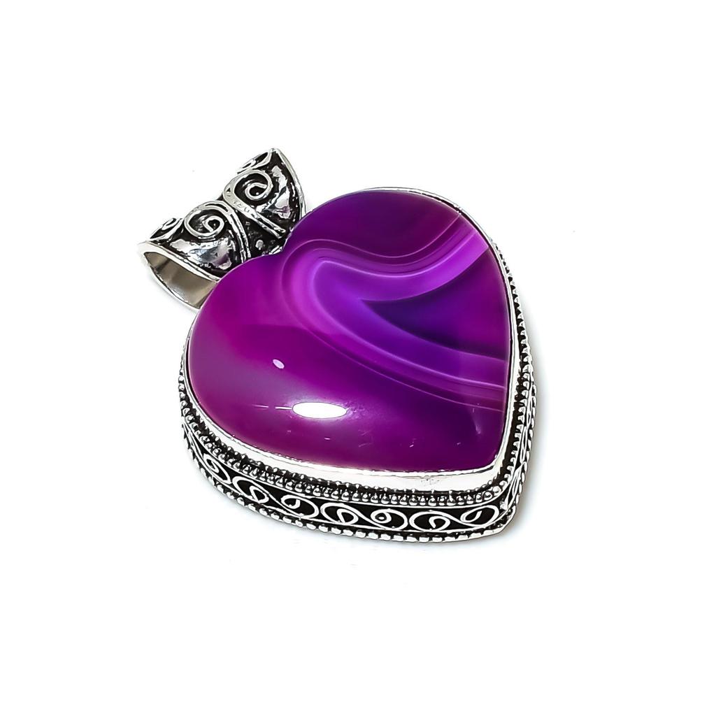 Natural Purple Botswana Agate Gemstone Silver Pendant in 925 Sterling Silver- Handmade Heart Design, Everyday Wear Jewelry, Unique Pendant Gifts