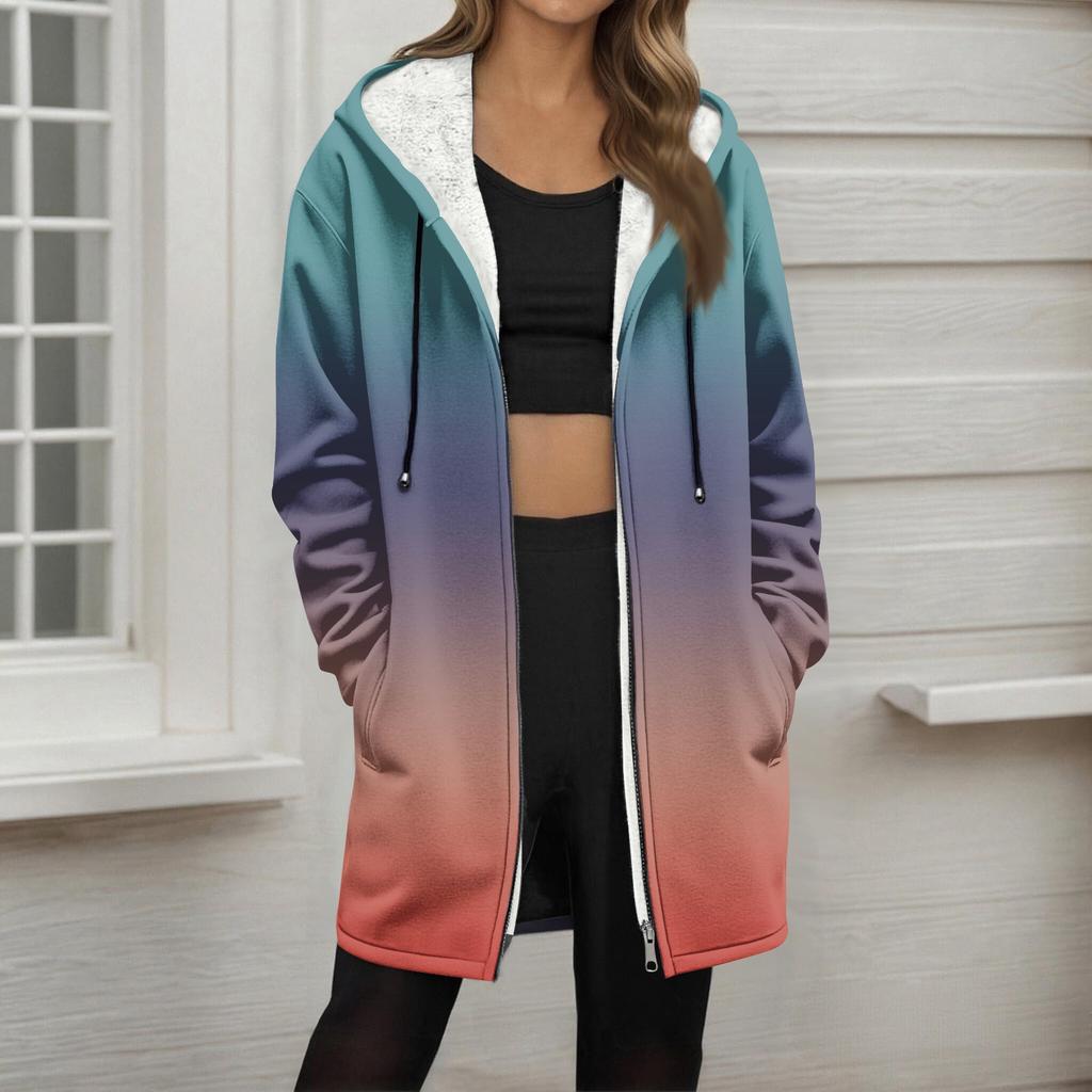 Women's Gradient Print Fashionable Loose Zipper Fleece Hoodie Jacket